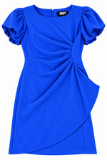 DKNY Women's Blue Ruched Draped Sheath Dress Puff Sleeve Cocktail Party NWT picture