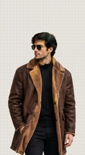 Men's Brown Shearling Sheepskin Leather Coat Fur Lined Winter Jacket picture