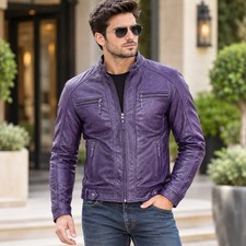 Men's Genuine Leather Jacket, Classic Motorcycle Biker Casual Outerwear Purple picture