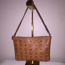 MCM cognac logo leather shoulder bag zip top, gold hardware  picture