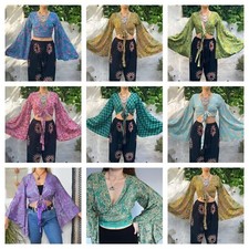 Wholesale 5 Pc Indian Vintage Silk Sari Bell Sleeve Crop Top Retro 60s Clothing picture