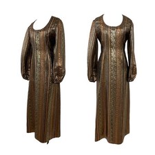 Vtg Vintage 1970s 70s Copper Metallic Lamé Brocade Boho Glam Maxi Dress picture
