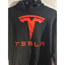 Tesla Motors Logo Pullover Hoodie Black Red Graphic Sweatshirt Mens Large picture