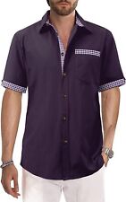 TUREFACE Men's Casual Plaid Collar Button Shirt Short Sleeve Cotton Dress Shirts picture