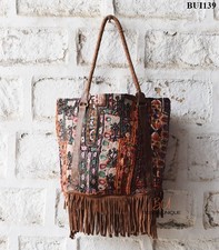 Vintage Banjara Fringe Tote Bag Embroidered Leather Suede Boho Handbag Zip picture