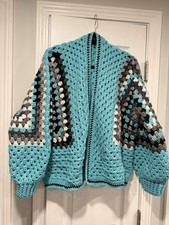 Handmade Crochet Granny Square One Size Cozy Cardigan Boho Chunky Knit Sweater picture