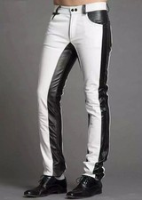 Men's Real Leather Bikers 5 Pockets Jeans Pants White & Black Leather Pants picture