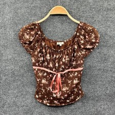 No Comment Women Top M Brown Floral Mesh Empire Waist Ribbon Tie Short Sleeve picture