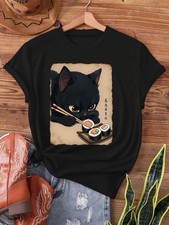 Women's Kawaii Cat Sushi Graphic T-Shirt Cute Japanese Food Anime Tee Top picture
