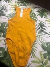 ZARA Women’s Yellow Rib Knit Stretch Round Neck Snap Bodysuit Size XS picture