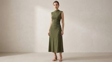 OGL Move Mock Neck Ruched Side Sleeveless Midi Dress Olive Green Large NWT picture