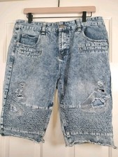 RSVP Black Premium Mens Moto Denim Shorts Blue Acid Wash Distressed Biker Sz 34 picture
