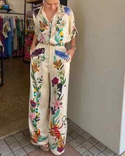 Women Lapel Two Piece Sets Short Sleeve Single Breasted Satin Printed Pants Sets picture