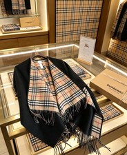 BURBERRY Reversible Check Wool Cape Black Beige Nova Check Fringe 130x130cm picture