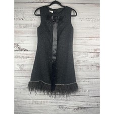 LanTing Bride Dress Women's Small Black Sleeveless Tweed Feather Trim Bow Party picture