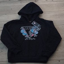 GUESS Girls Size 8 Black Pullover Hooded Fleece Cotton Logo Graphic Hoodie picture