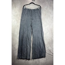 Three Bird Nest Pants Womens Large Black Acid Wash Wide Leg Boho Raw Hem NEW picture