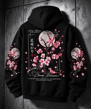 Japanese Cherry Blossom Hoodie Black Sakura Floral Graphic Pullover Sweatshirt picture