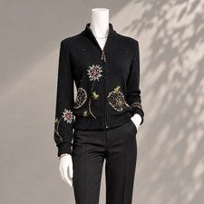 St John Vintage Black Santana Knit Rhinestone Floral Zip Cardigan Jacket 6 picture