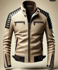 Men's Genuine Leather Cafe Racer Motorcycle Jacket Biker Quilted Shoulder Coat picture