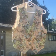 By Choice California Women's L Beige Green Floral Button Front Lined Vest picture