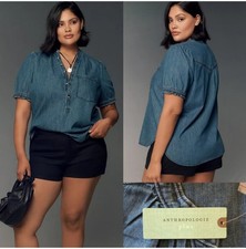 Anthropologie Pilcro Aly Denim Puff Sleeve Blouse Dark Blue 2X Plus NWT picture