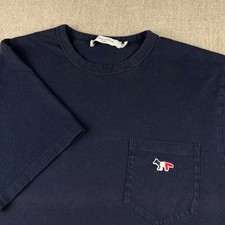 Maison Kitsune Pocket T-Shirt Mens M Navy Blue Tricolor Fox Patch Minimalist picture