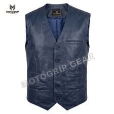 Men's Navy Blue Genuine Leather Vest Button Up Biker Waistcoat 5 Pocket Formal picture