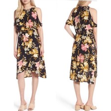 Nordstrom Leith Cold Shoulder Black Floral Midi Dress SZ L picture