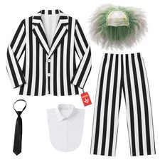 Men`s Beetlejuice Costume & Wig Adult Striped Mad Man Suit Horror Film Halloween picture
