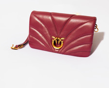 PINKO Burgundy Quilted Leather Bag Gold-Tone Bird Logo Strap Card Slots picture
