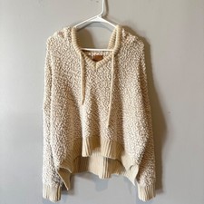POL Popcorn Knit Hoodie Womens Medium Tan Oversized V-Neck Sweater POL15 picture