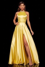 Sherri Hill Yellow Satin Rhinestone High-Neck Halter Top Gown Size 2 $450 picture