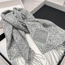 LOEWE Wool Cashmere Scarf Light Gray Anagram Jacquard Fringe Unisex 180x38cm picture