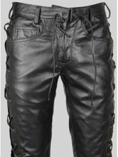 Handmade Men’s Genuine Sheep Leather Side Laces Black Leather Biker Trousers picture