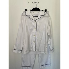 The Cat’s PajamasWhite Cotton Pajama Set with Navy Piping picture
