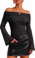 Women's Black Floral Lace Off Shoulder Top Long Bell Sleeve Gothic Blouse picture