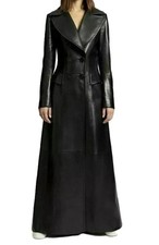 Women's Pure Black Leather Womens Trench Coat Genuine Lambskin Stylish Long Coat picture