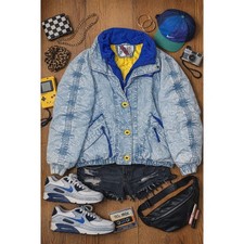 Vintage Gitano Acid Wash Denim Puffer Jacket Blue Yellow 80s 90s Streetwear M picture