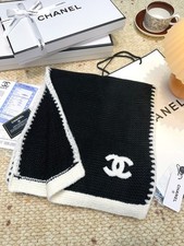 CHANEL Cashmere Wool Knit Scarf Black White CC Logo 180x30cm picture