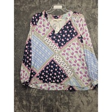 LOFT Women's L NWT Patchwork Paisley Floral Linen V-Neck Blouse NWT 36454068 picture