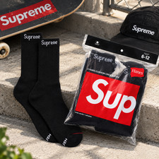 New Supreme Hanes Style Black Crew Socks 4 Pack Mens Size 6-12 NIP Cotton picture
