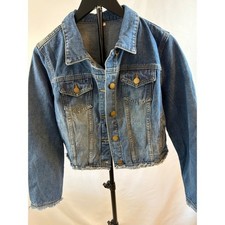Womens Blue Cropped Denim Jacket Frayed Raw Hem Medium Wash Size M picture
