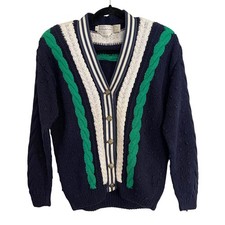 Vintage The Eagle's Eye Navy Blue Nautical Hand Knit Cardigan Sweater Medium picture