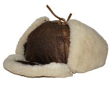 Vintage BIGHORN Brown & Ivory Genuine Sheepskin Leather Trapper Hat - LARGE picture