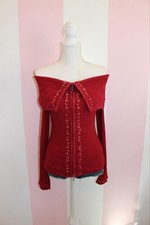 Cache Y2K Red Ribbed Off-Shoulder Zip Sweater Beaded Sequin Long Sleeve S picture