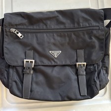 PRADA Black Messenger Bag Logo Plaque Buckle Straps Zip, picture