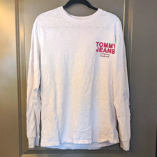Tommy Jeans Men’s White Long Sleeve Crew Neck Graphic Logo T-Shirt Size L picture