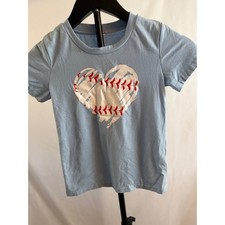 Kids Light Blue Baseball Heart Graphic T-Shirt Short Sleeve Sporty Top picture