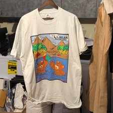 L.L.Bean Men's Vintage Summer 1990 Bear Graphic Beige Cotton Tee Crew Neck XL picture
